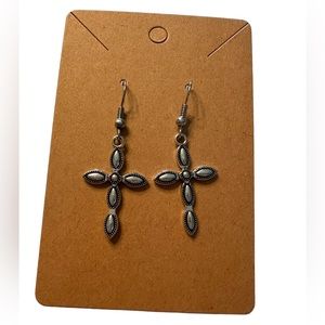 Silver Textured Design Christian Cross Drop Earrings